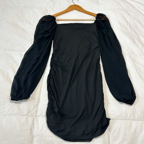 SHEIN Black Square Neck Bodycon Mini Dress Size Small Long Sheer Puff Sleeve - Picture 3 of 8